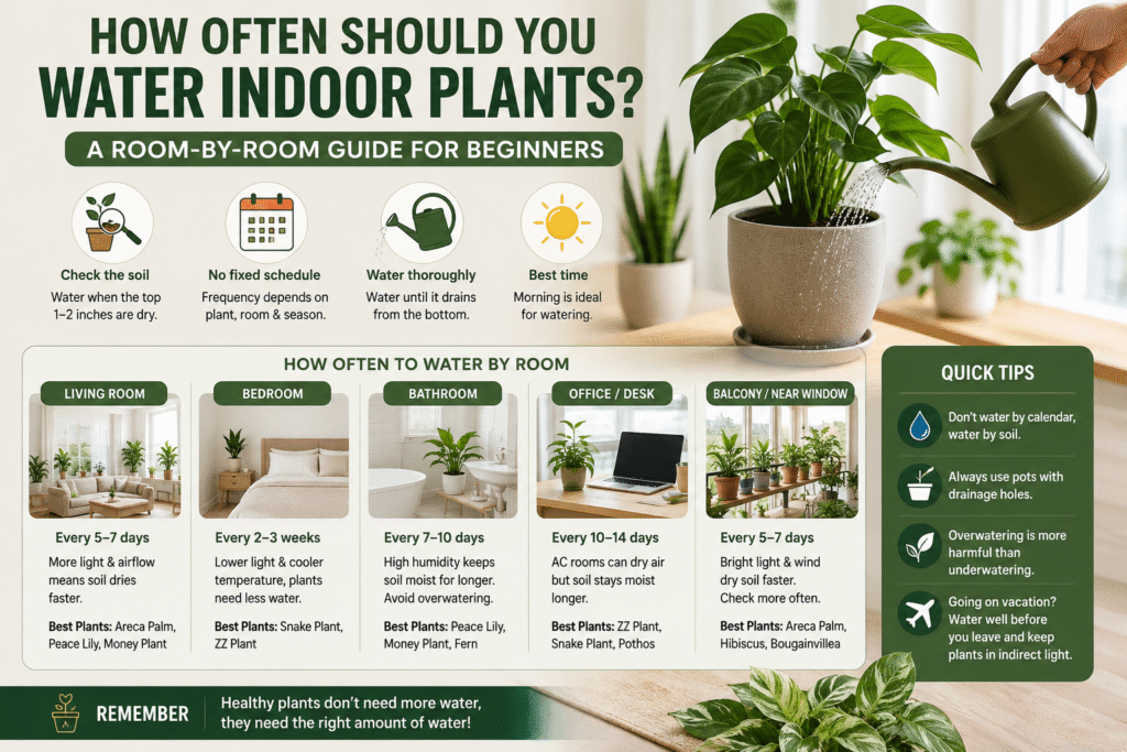 How often should you water indoor plants room by room guide for beginners showing watering schedule for living room bedroom bathroom and office plants