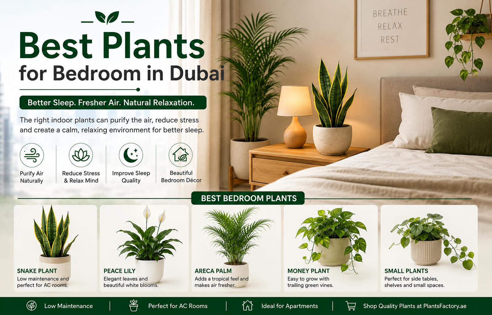 Best plants for bedroom in Dubai featuring Snake Plant, Peace Lily, Areca Palm, Money Plant, and small indoor plants in a cozy modern bedroom for better sleep and relaxation.