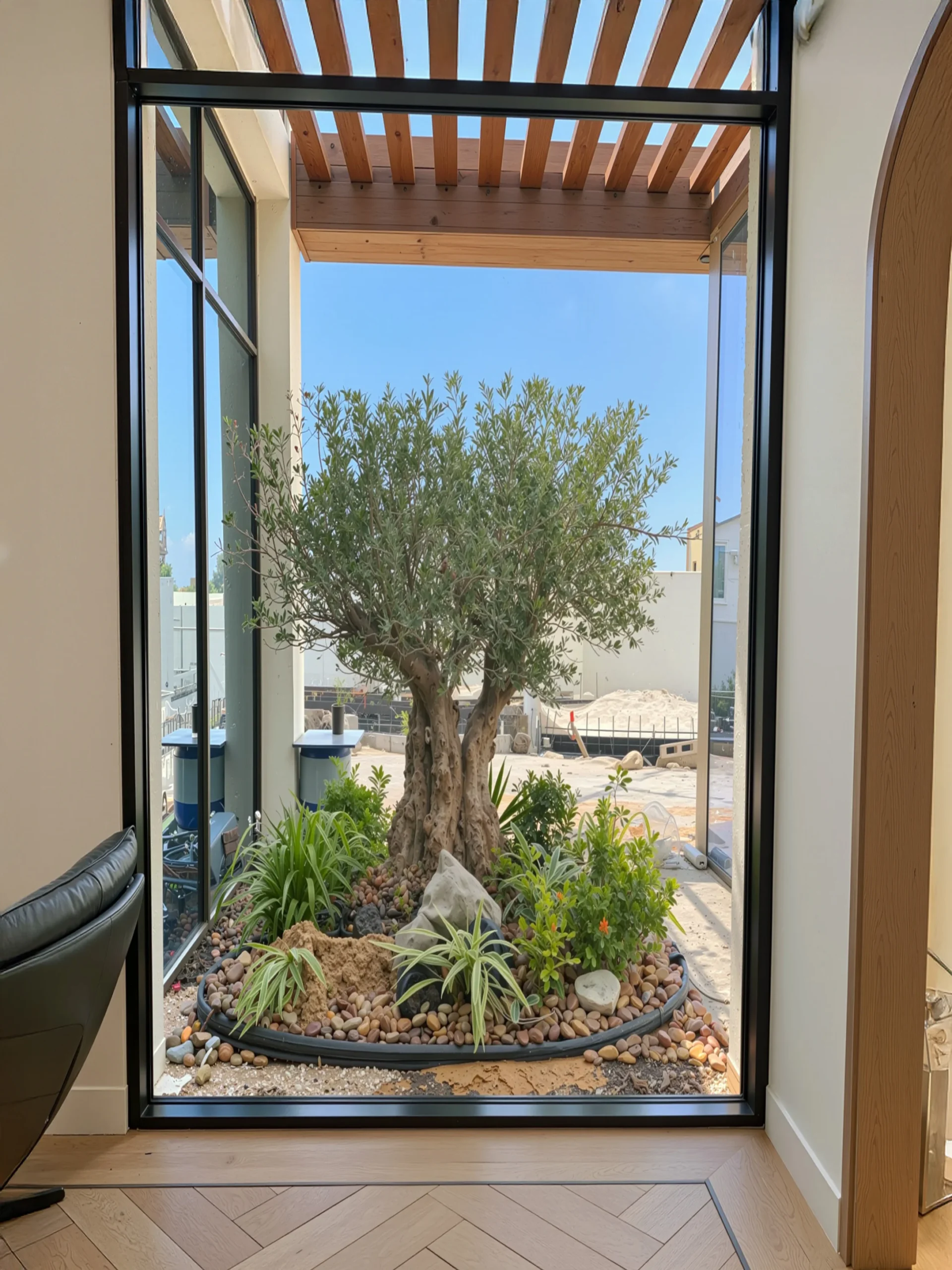 Olive Courtyard Through Modern Window